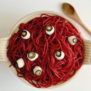 fun halloween food idea with beet pasta, mozzarella, and olives - superkidsnutrition.com