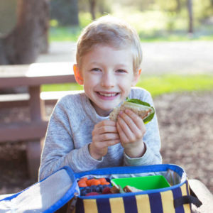 smiling schoolboy enjoying recess and healthy lunch