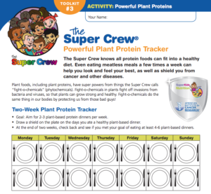 Plant-based protein tracker nutrition activity for kids with the Super Crew