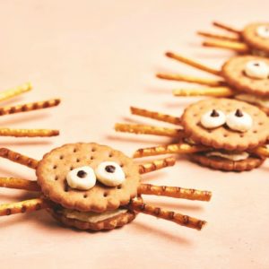 Peanut butter cracker and pretzel spider healthy halloween recipe - SuperKidsNutrition.com