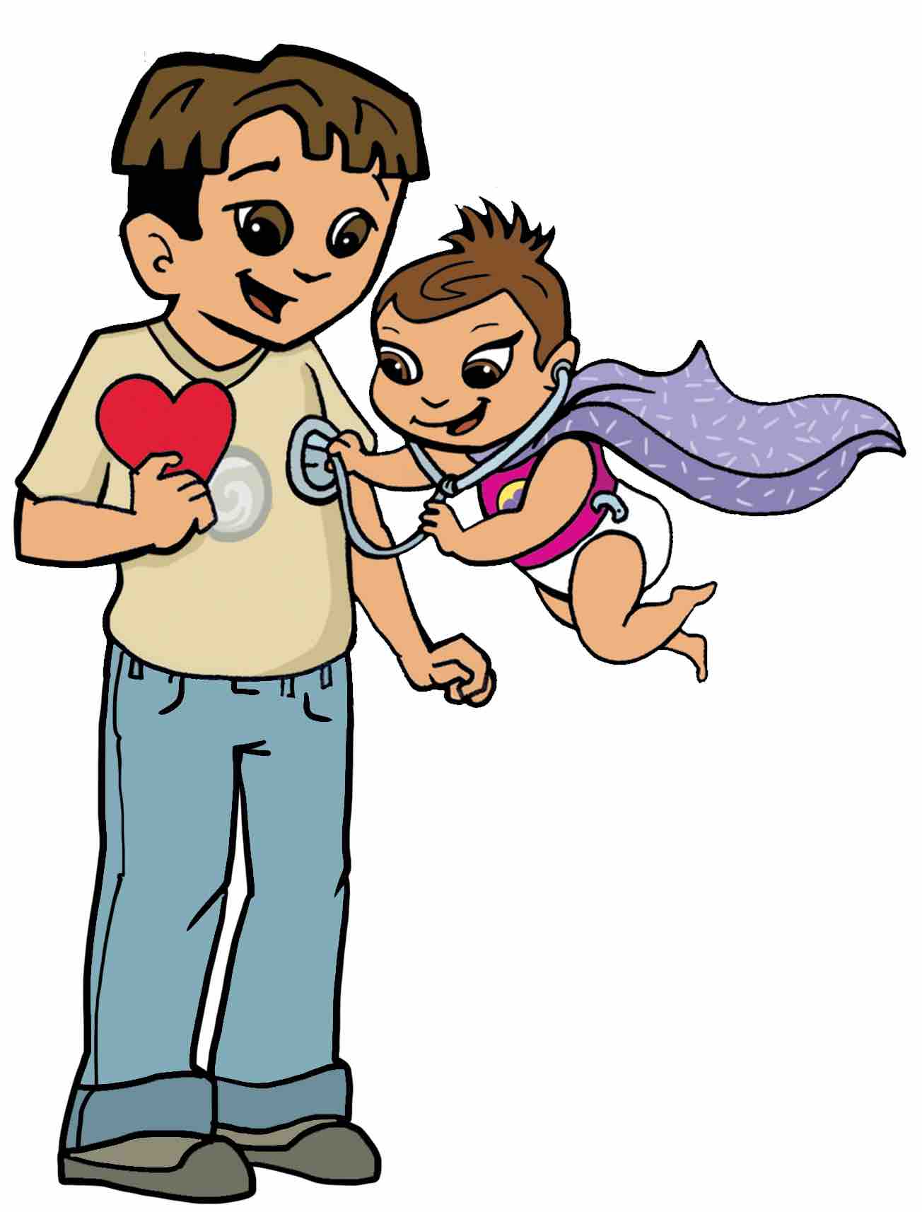 Carlos holding a heart with Abby checking his heart