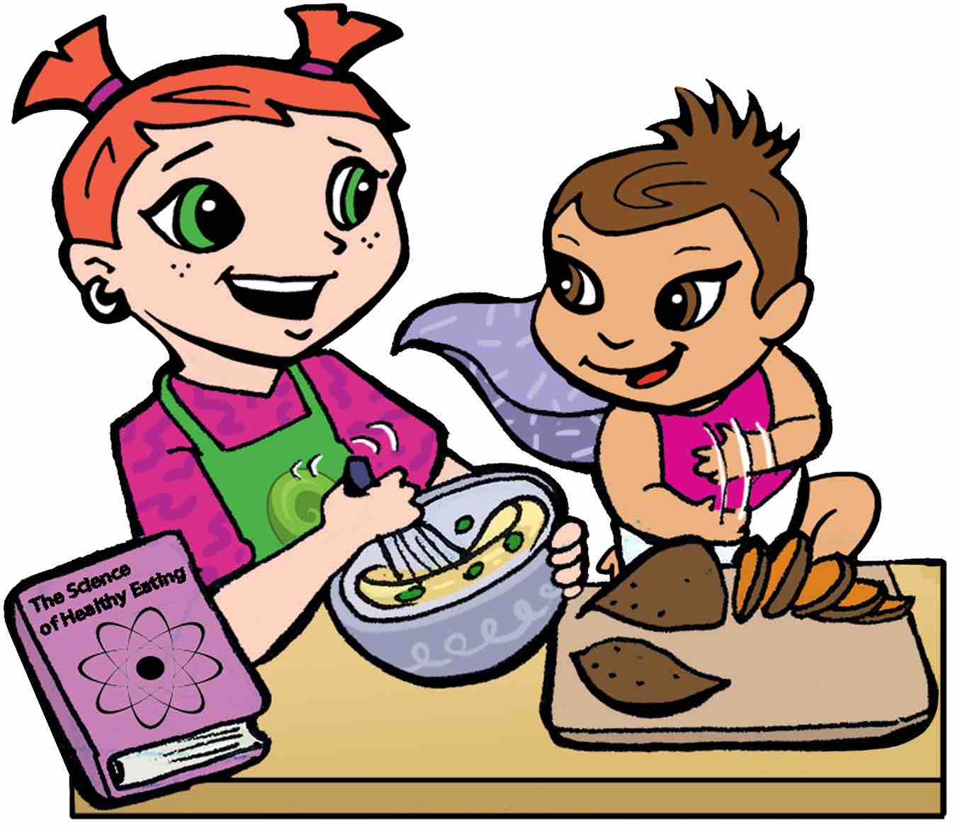 Super Crew characters Jessie and Super Baby Abigail cooking together and chopping sweet potatoes