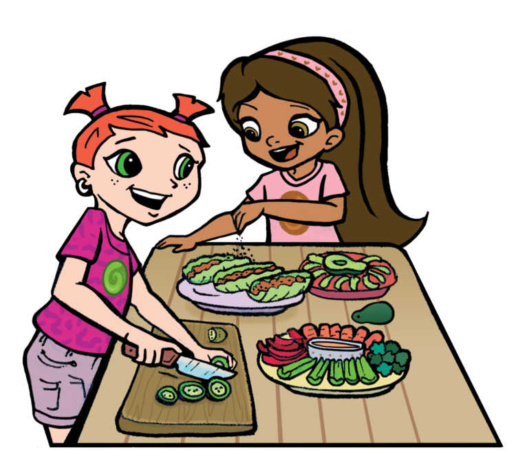 Super Crew characters Kira and Jessie chopping food for veggie plate and meal cooking at home