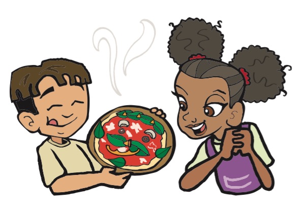 Super Crew characters andy and kira holding a pizza with a face made out of basil leaves and mushrooms