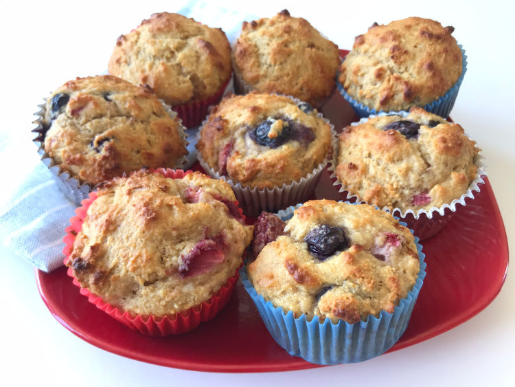 Up close view of red white and blue blueberry muffins
