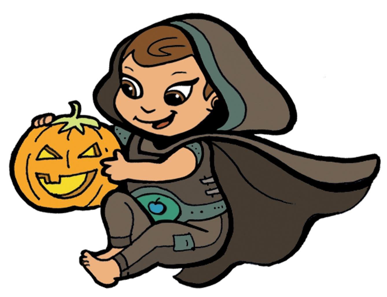 Super Crew kid Abby dressed in costume with pumpkin for fun october activites - SuperKidsNutrition.com