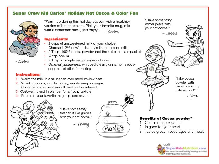 Nutrition activity for kids holiday hot cocoa with the Super Crew kids