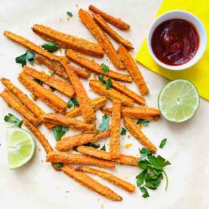 carrot fries with ketchup and lime