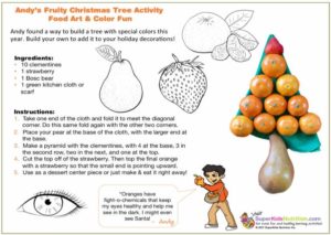 Andy's Fruity Christmas tree activity with christmas tree made of oranges, a pear, and a strawberry