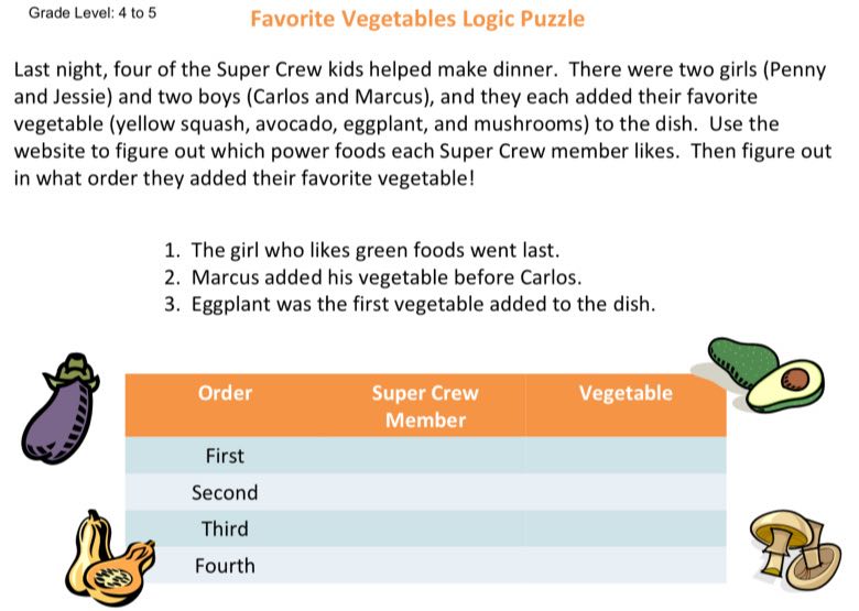 favorite vegetables logic puzzle superkids nutrition