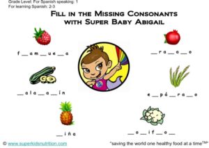 Filling in Missing Consonants (Spanish) kids activity superkids nutrition