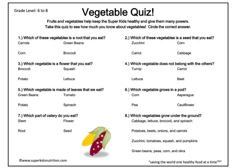 Vegetables Quiz Superkids Nutrition