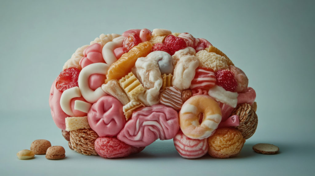 A human brain made from ultra-processed foods to depict mental health and junk food link.